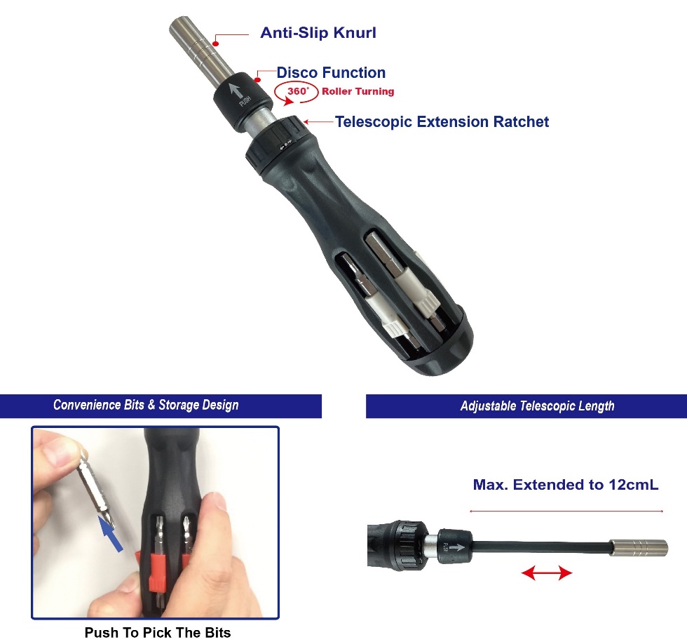 12 In 1 Adjustable Telescopic Ratchet Screwdriver w/Magnetic Bit Holder