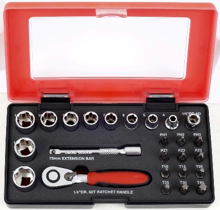 25Pcs 1/4dr. 60T Super Lock Socket Wrench and Bit Set