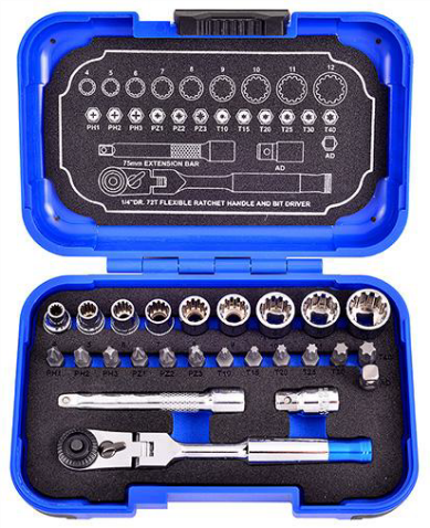 25Pcs 1/4dr. 72T Flexible Spline Socket and Bit Set